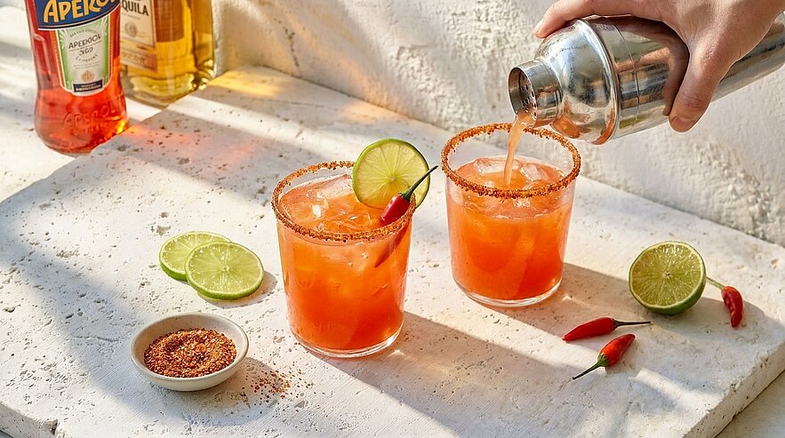 Zwei orangefarbene Cocktails in runden Gläsern mit Chili-Limetten-Salzrand; eine Hand gießt aus einem Cocktailshaker. Limettenscheiben, rote Chilischoten und eine kleine Gewürzschale liegen auf hellem Tisch.