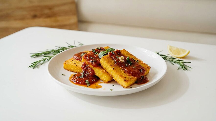 Ein Teller mit goldbraunem gebratenem Polenta, bedeckt mit einer fruchtigen Tomatensauce und frischen Kräutern. Daneben liegt eine Zitronenscheibe und etwas Rosmarin.