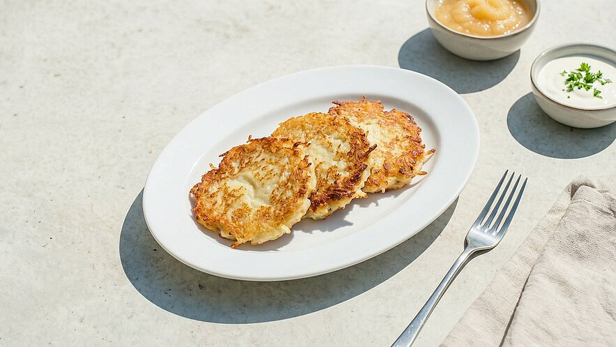 Ein Teller mit drei goldbraun gebratenen Kartoffelpuffern, serviert auf einem weißen Teller. Daneben befinden sich zwei Schalen mit Apfelmus und Sauerrahm. Eine Gabel und ein beigefarbenes Tuch liegen auf dem Tisch.
