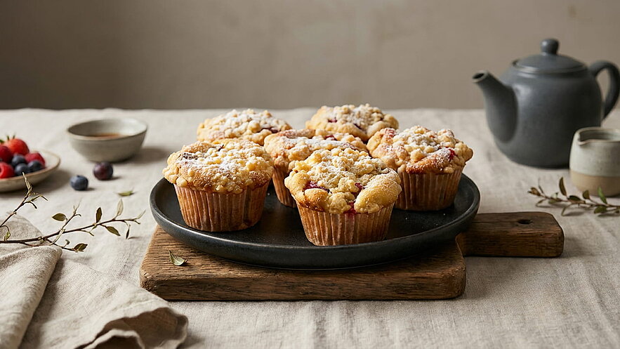 Auf einem Holzbrett stehen fünf Muffins mit einer krümeligen Oberseite. Sie sind goldgelb und mit Puderzucker bestäubt. Neben den Muffins sind kleine Schüsseln mit Beeren und ein Teekessel in einem neutralen Farbton zu sehen. Der Hintergrund ist schlicht und hell.