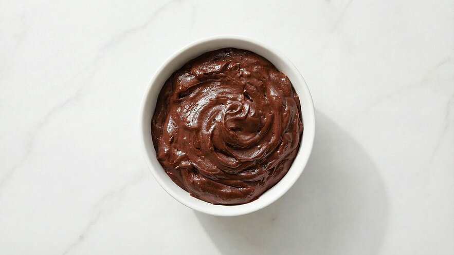 Eine weiße Schüssel enthält eine glatte, cremige Schokoladenmasse mit einer glänzenden Oberfläche. Die Masse scheint dick und reichhaltig zu sein, ideal für Desserts oder als Belag. Der Hintergrund ist hell und unauffällig.