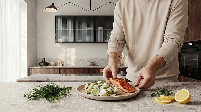 Person richtet in moderner Küche einen Teller mit gebratenem Lachs, Kräuterkartoffeln und frischem Dill auf der Arbeitsplatte an; Zitronenscheiben liegen daneben.