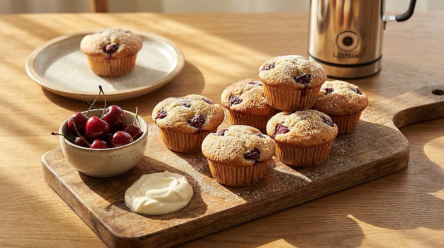 Mehrere frisch gebackene Kirschmuffins auf einem Holzbrett, daneben eine Schale mit Kirschen und ein Klecks Sahne; auf einem Teller im Hintergrund ein weiterer Muffin.