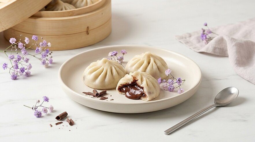Gedämpfte Teigtaschen (Bao) mit schmelzender Schokoladenfüllung; eine aufgeschnittene Tasche zeigt die flüssige Schokolade, auf einem Teller serviert.