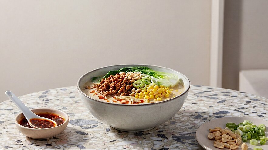 Schüssel mit Ramen-Nudeln, belegt mit Hackfleisch, Mais, Salat und Frühlingszwiebeln. Daneben eine kleine Schale mit scharfer Sauce und eine Platte mit gehackten Erdnüssen und Frühlingszwiebeln. Der Hintergrund ist hell und schlicht.