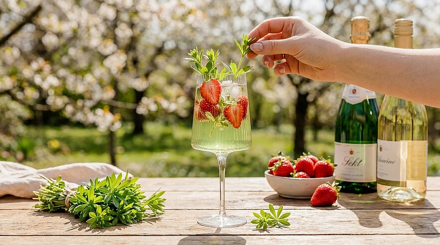 Hand garniert ein Glas sprudelndes Getränk mit frischen Erdbeeren und einem Kräuterzweig; auf dem Holztisch Schale mit Erdbeeren und zwei Flaschen, unscharfer blühender Obstgarten im Hintergrund.