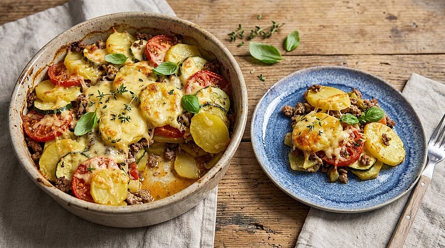 Auflaufform mit Kartoffel‑Tomaten‑Hackfleisch‑Gratin, überbacken mit geschmolzenem Käse und frischen Kräutern; daneben eine Portion auf einem blauen Teller.