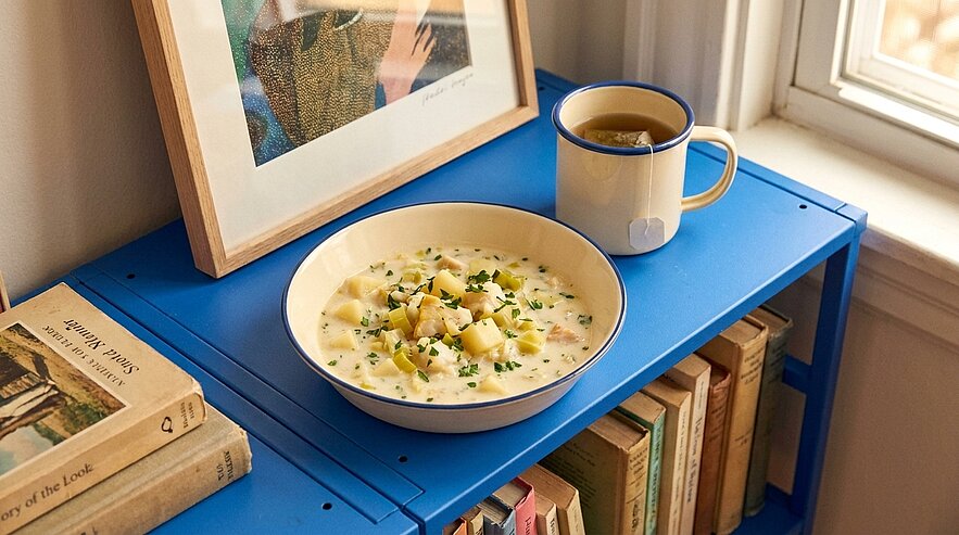 Schale mit cremiger Kartoffelsuppe, gewürfelt und mit Schnittlauch bestreut, steht auf einem blauen Regal neben einer Tasse Tee am Fenster.