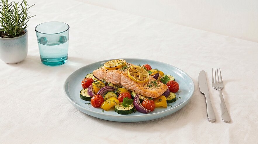 Gebratener Lachs mit Zitronenscheiben und Kräutern auf geröstetem Gemüse (Zucchini, Cherrytomaten, rote Zwiebeln, Paprika) auf einem hellblauen Teller.