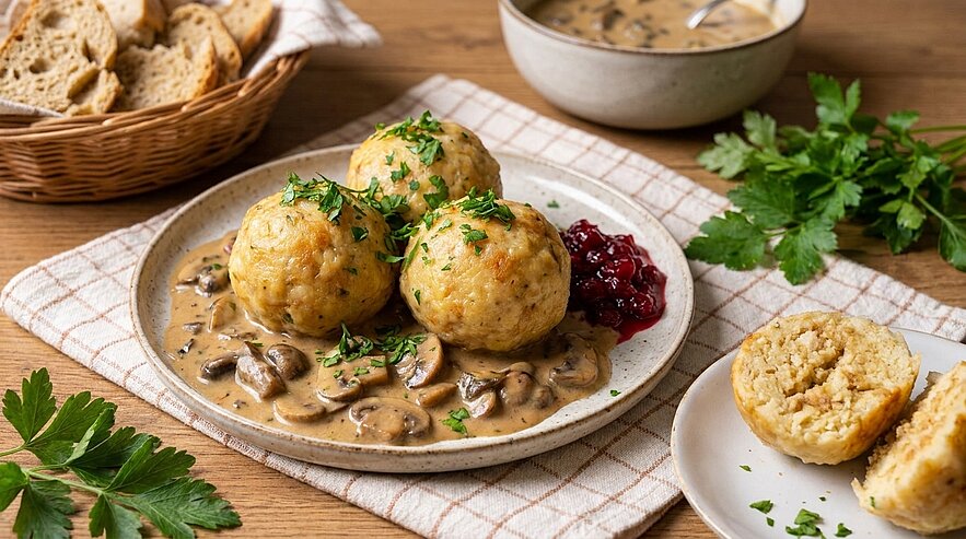 Drei Semmelknödel auf einem Teller, serviert mit cremiger Pilzsoße, Preiselbeeren und gehackter Petersilie.