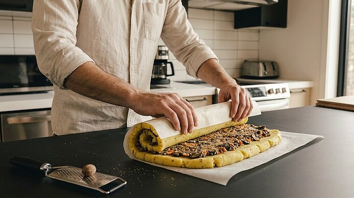 Hände rollen gefüllten Teig auf Backpapier in einer Küche; Füllung aus Nüssen und Trockenfrüchten sichtbar, Zubereitung eines Gebäckröllchens.