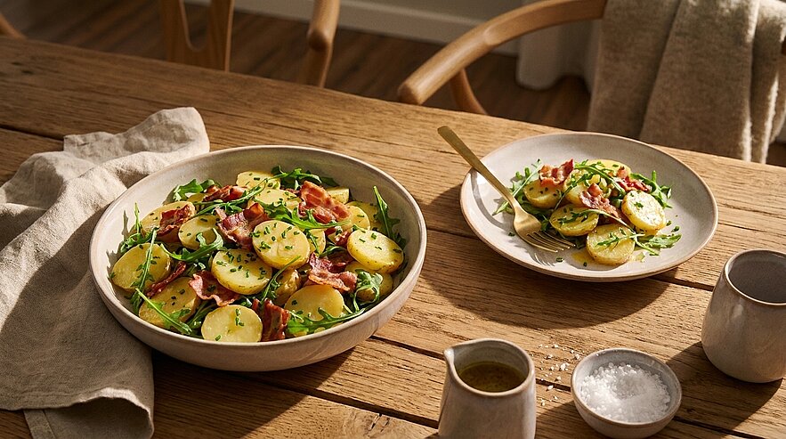 Eine große Schüssel Kartoffelsalat mit Speck, frischen Kräutern und Rucola steht auf einem Holztisch. Nebenan befindet sich ein kleinerer Teller mit einer Portion des Salats, eine Gabel liegt darauf. Die Umgebung ist gemütlich und einladend.