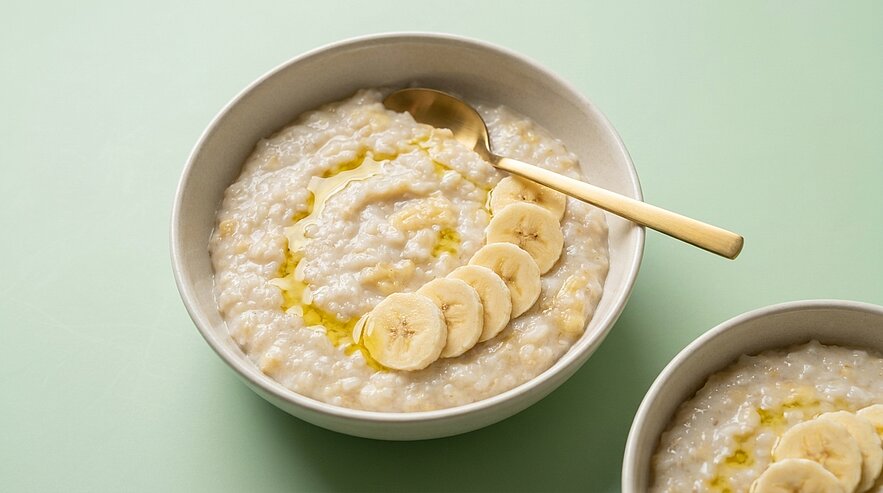 Schüssel Porridge/Haferbrei mit aufgereihten Bananenscheiben und hellem Topping, ein goldfarbener Löffel liegt darin.