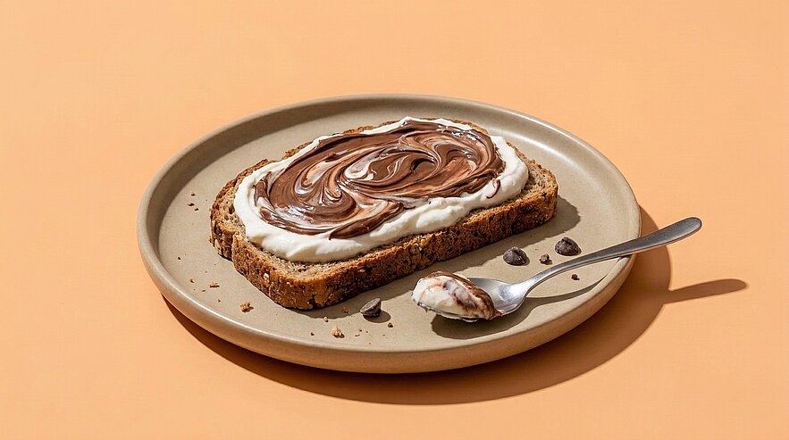 Auf einem grauen Teller liegt eine Scheibe Brot, die mit einer schaumigen Creme und einer schokoladigen Soße dekoriert ist. Neben dem Brot sieht man einen kleinen Löffel mit etwas Creme, während Schokoladenstückchen auf dem Teller verteilt sind.