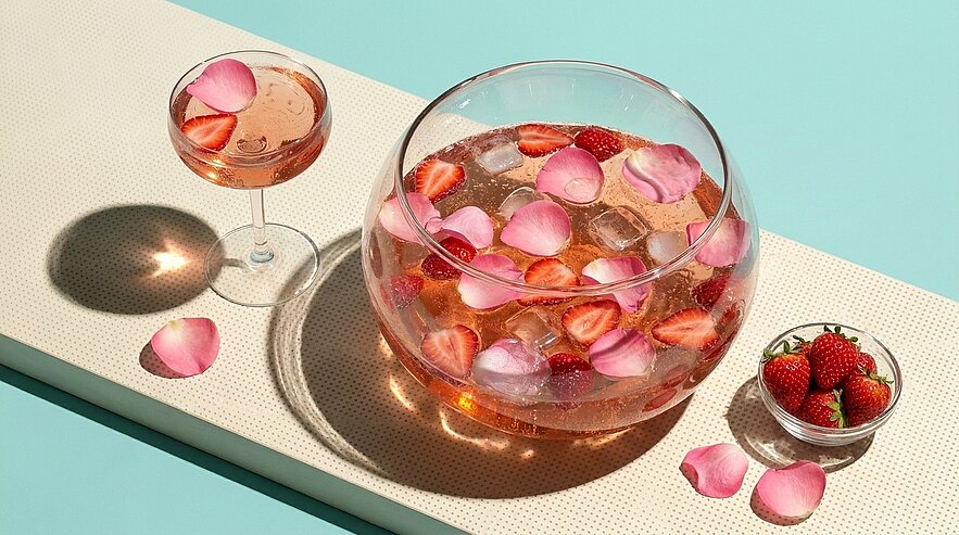Große Glasbowle mit rosafarbenem Getränk, Erdbeerscheiben und rosa Rosenblättern; daneben ein gefülltes Coupéglas und eine kleine Schale frischer Erdbeeren, vereinzelte Rosenblätter auf der Oberfläche.