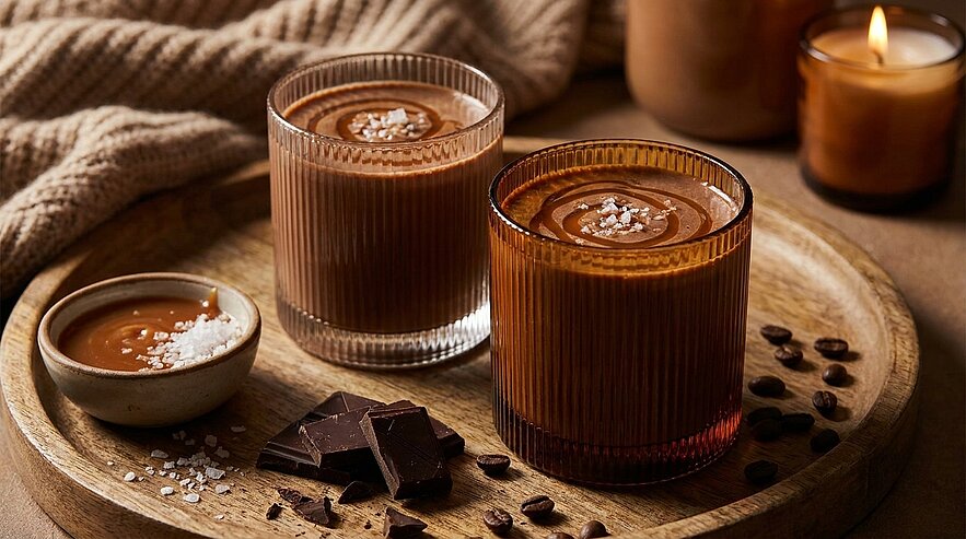 Zwei Gläser mit samtiger Schokoladenmousse, jeweils mit Meersalz bestreut, auf einem Holztablett neben Schokoladenstücken und Kaffeebohnen.