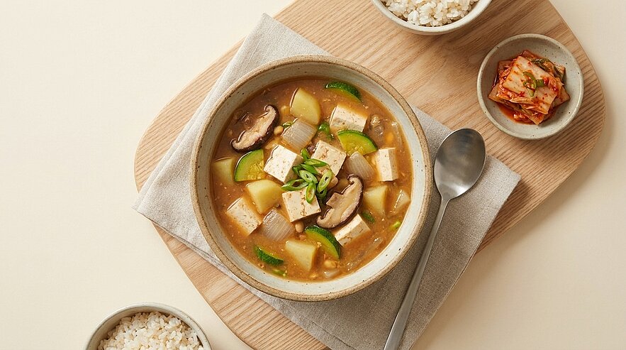 Eine Schüssel mit herzhafter Gemüsesuppe, die Tofu, Zucchini und Shiitake-Pilze enthält. Daneben liegen kleine Schalen mit Reis und eingelegtem Gemüse. Die Suppe ist in einer grauen Schale auf einem Holzbrett angerichtet, umgeben von einem Stofftuch.