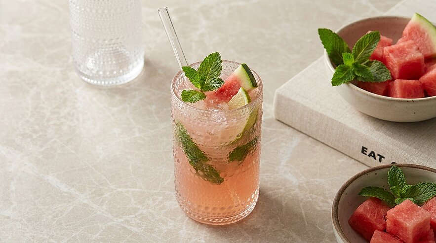 Erfrischendes rosa Wassermelonen‑Minzgetränk in einem Glas mit zerstoßenem Eis, Minzblättern, Wassermelonenstückchen und Strohhalm; daneben Schälchen mit Melonenwürfeln.