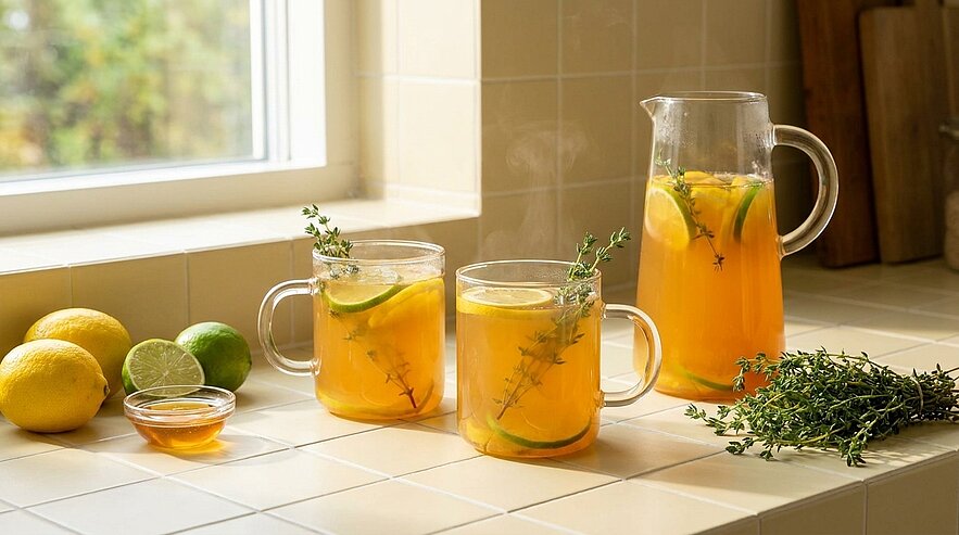 Krug und zwei durchsichtige Becher mit dampfendem Zitronen‑Thymian‑Tee, garniert mit Zitronenscheiben und Thymianzweigen; Zitronen, Limette und ein Schälchen Honig auf der Arbeitsfläche.