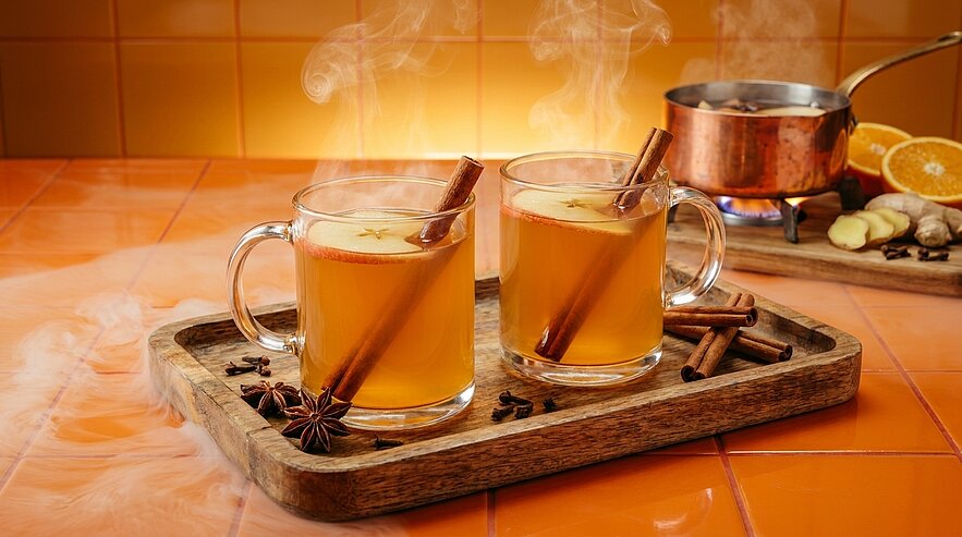 Zwei dampfende Glasbecher mit heißem Gewürzgetränk, je mit Zimtstange und Orangenscheibe, auf einem Holztablett; Sternanis daneben und im Hintergrund ein kupferner Topf mit Orangen und Ingwer.