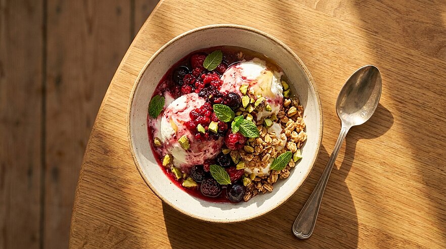 Schüssel mit Joghurt (oder Eis), Beerenkompott, Granola, gehackten Pistazien und Minzblättern; Löffel daneben auf Holztisch.