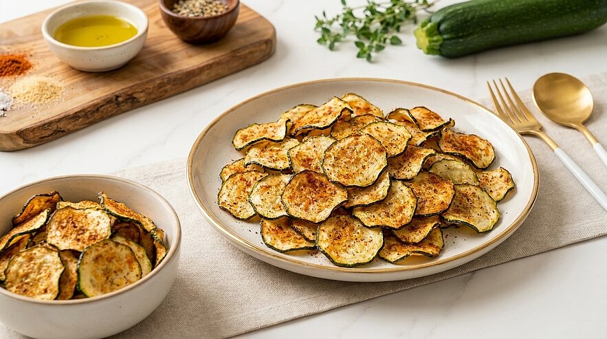 Teller mit knusprigen, gebackenen Zucchinischeiben (Chips), leicht gewürzt; daneben eine kleinere Schale mit weiteren Chips.