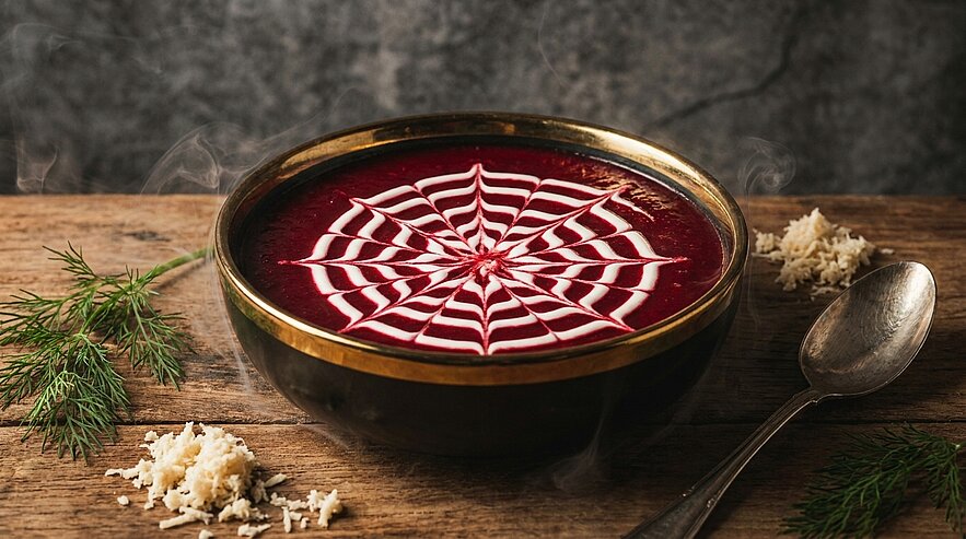 Dampfende Schale dunkelroter Rote‑Bete‑Suppe mit dekorativem weißem Sahne‑Spinnennetz‑Muster, auf Holzunterlage.