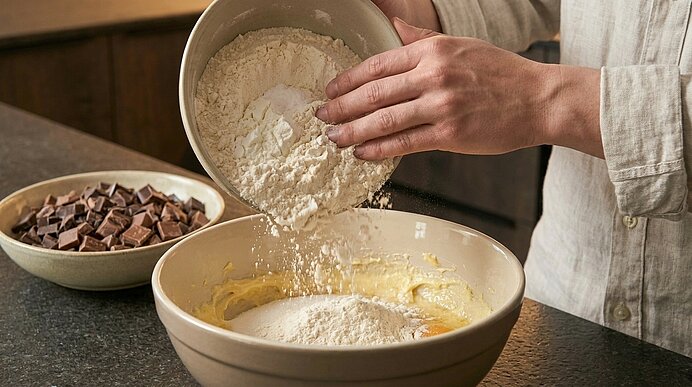Hände schütten Mehl aus einer Schüssel in eine Rührschüssel mit Teig; daneben eine Schale mit Schokoladenstücken.