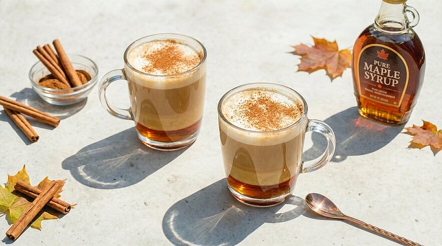 Zwei Glastassen mit geschichteten Latte-Getränken, jeweils mit Milchschaum und Zimt bestreut; daneben Flasche Ahornsirup, Zimtstangen und herbstliche Blätter.
