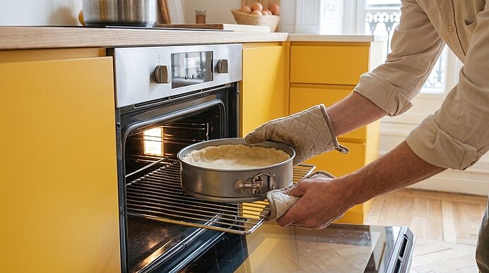 Person mit Ofenhandschuhen schiebt eine runde Springform mit Kuchen in einen eingeschalteten Backofen in einer Küche mit gelben Schränken.