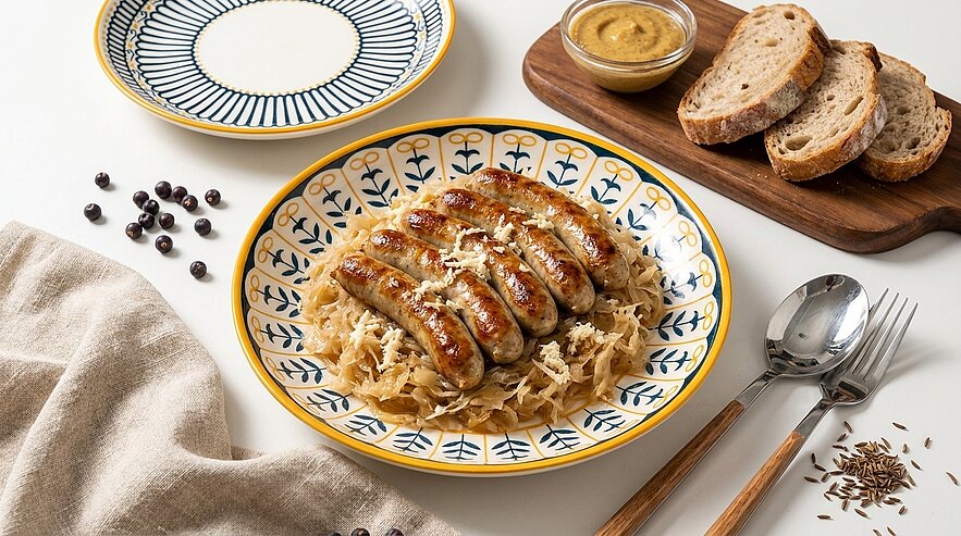 Fünf gebratene Bratwürste auf Sauerkraut in einem dekorativen Teller, garniert mit Kümmel. Daneben eine Schale Senf, mehrere Brotscheiben auf einem Holzbrett sowie Gabel und Löffel.