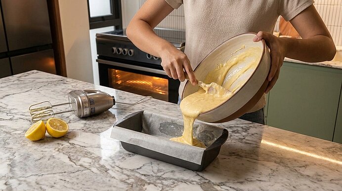 Person gießt Rührteig aus einer Schüssel in eine Kastenform auf einer Küchenarbeitsplatte, hält Teigspatel; Handmixer und halbierte Zitronen stehen daneben.