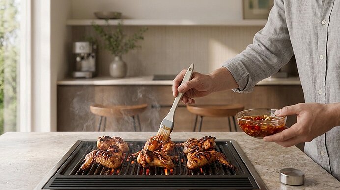 Hände einer Person bepinseln drei gegrillte Hähnchenschenkel auf einem Herdgrill mit Marinade aus einer Glasschüssel.