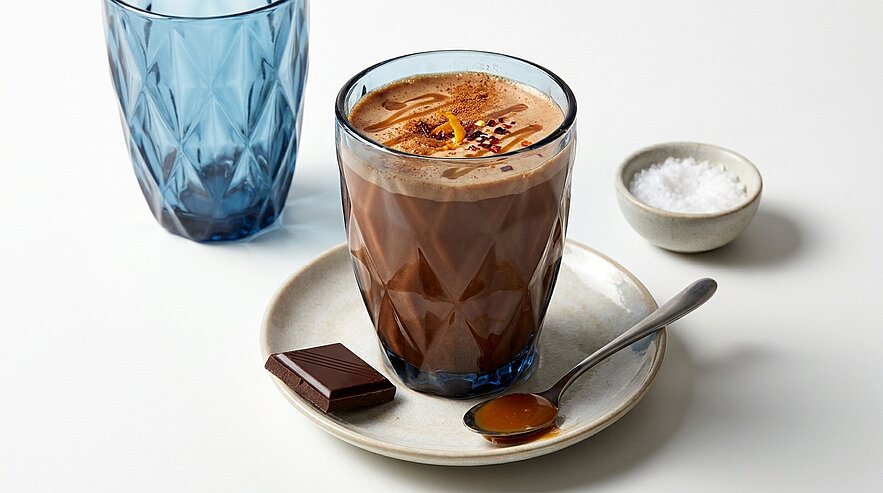 Glas heiße Schokolade mit Schokoladenraspeln und Orangenzeste auf einer Untertasse, daneben ein Stück Schokolade und ein Löffel mit Karamell.
