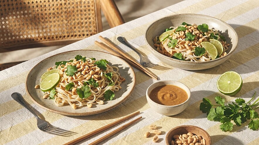 Zwei Schalen asiatischer Erdnussnudeln mit Limettenscheiben, Koriander und gehackten Erdnüssen; dazu ein Schälchen Erdnusssauce, zusätzliche Limette und Erdnüsse auf einem gestreiften Tisch.