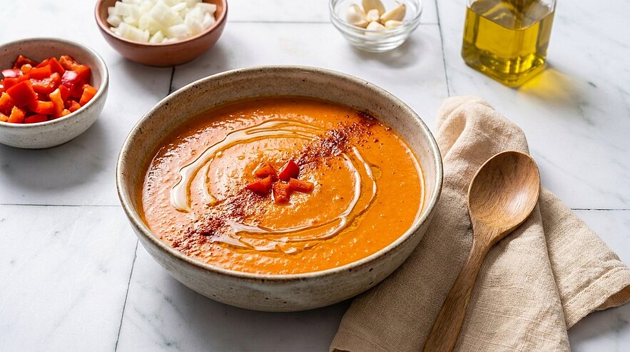 Cremige orangefarbene Suppe in einer Schale, garniert mit Sahneswirbel, gewürfeltem roten Paprika und Paprikapulver; daneben ein Holzlöffel auf einer Stoffserviette.