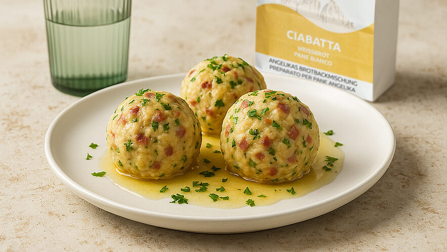 Auf einem Teller liegen drei große Knödel, übergossen mit einer leichten Sauce und garniert mit frischer Petersilie. Im Hintergrund steht ein grünes Glas Wasser und eine Packung mit der Aufschrift „Ciabatta“.