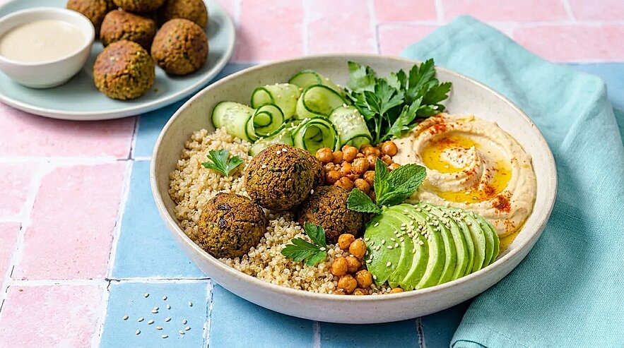 Schüssel mit Falafelbällchen auf Couscous, cremigem Hummus mit Olivenöl und Paprikapulver, Avocadoscheiben, Gurkenröllchen, gerösteten Kichererbsen und frischen Kräutern.