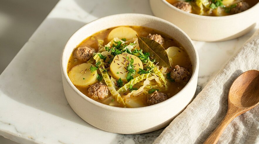 Schüssel mit klarer Brühe, Kartoffelscheiben, kleinen Fleischbällchen, Streifen Wirsingkohl, Lorbeerblatt und frisch gehackten Kräutern.