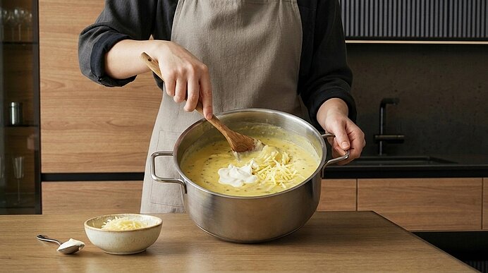 Person in Schürze rührt mit Holzlöffel cremige Suppe in großem Topf; saure Sahne und geriebener Käse werden eingerührt, daneben kleine Schale mit zusätzlichem Käse.