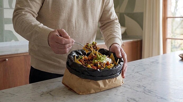 Hände einer Person rühren mit einem Löffel in einer mit schwarzer Folie ausgekleideten Papiertüte: bunte Takeaway-Bowl mit Mais, Bohnen, Salat, Avocado und Salsa.