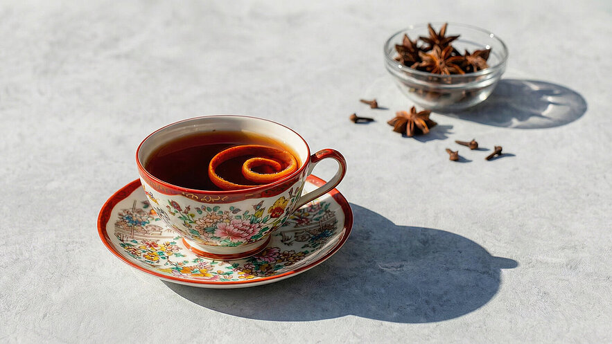 Eine teestube mit einem Tasse, gefüllt mit dunklem Tee und einer spiralförmigen Orangenschale. Die Tasse steht auf einer Untertasse mit buntem Blumenmuster. Im Hintergrund ist eine Schale mit Gewürzen, darunter Sternanis und Nelken, zu sehen.