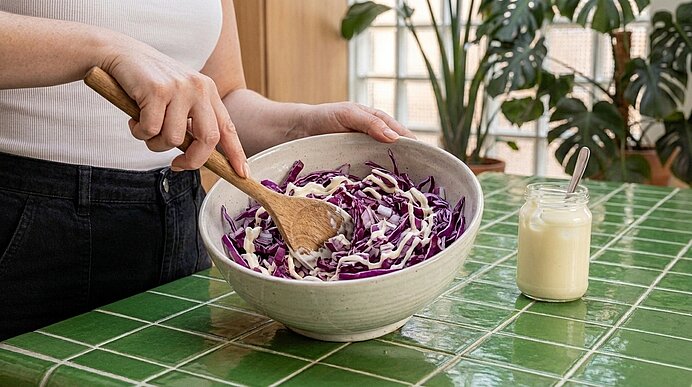 Person rührt in einer Schüssel geschnittenen Rot- und Weißkohl mit einem Holzlöffel; daneben steht ein Glas mit cremigem Dressing.