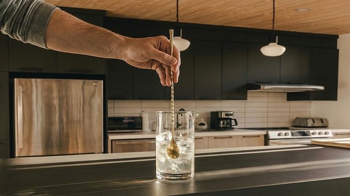 Hand rührt in einem hohen Glas mit langem Barlöffel ein klares Getränk mit Eiswürfeln auf einer Küchenarbeitsplatte.