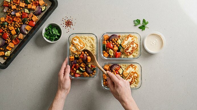 Hände befüllen drei Glas-Mealprep-Boxen mit geröstetem Gemüse, Kichererbsen, Couscous und gebratenem Halloumi.