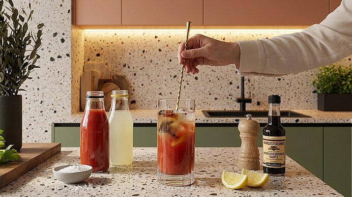 Hand rührt in einem hohen Glas mit rotem Cocktail und Eis auf Küchenarbeitsplatte; daneben Flaschen mit Tomatensaft und Zitronensaft, Worcestersauce, Pfeffermühle, Zitronenscheiben und Salz.