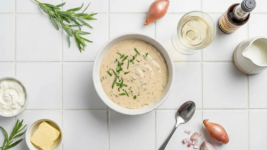 Eine Schüssel mit cremiger Suppe, garniert mit frischen, gehackten Kräutern. Rundherum liegen Zutaten wie Schalotten, Butter, ein Glas Wein und ein Behälter mit Sahne auf einem hellen Fliesenuntergrund. Ein Löffel steht neben der Schüssel.