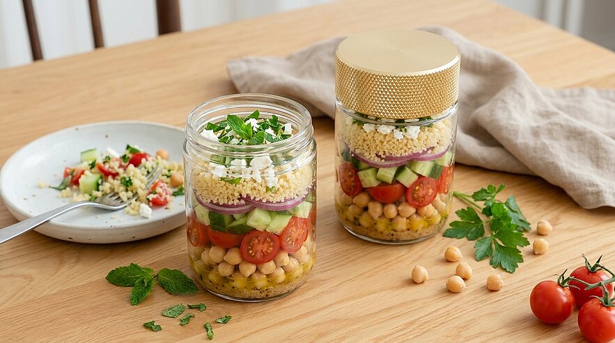 Zwei Schichtsalate in Einmachgläsern: Kichererbsen, Kirschtomaten, Gurkenscheiben, rote Zwiebelringe, Couscous, Feta und frische Kräuter.