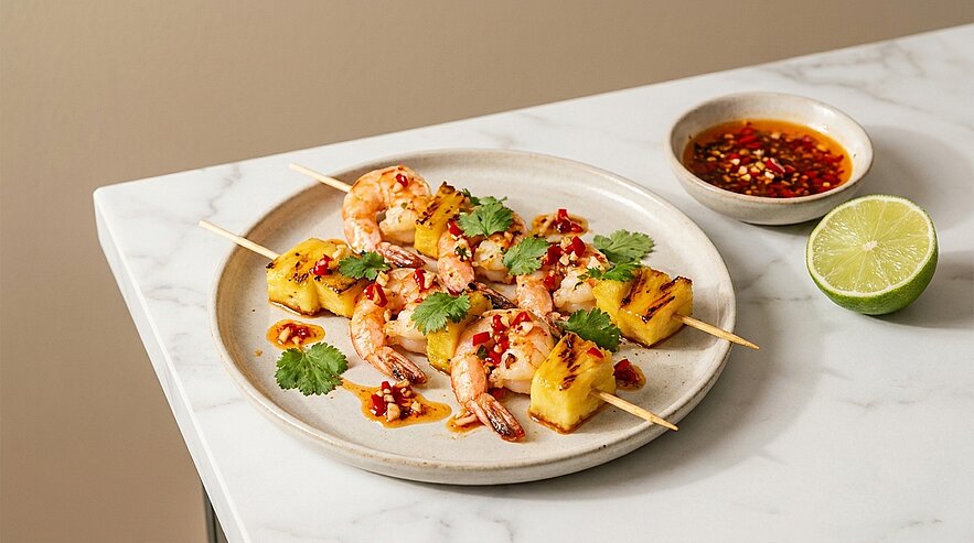 Zwei Holzspieße mit gegrillten Garnelen und Ananas auf einem Teller, garniert mit Koriander und Chiliflocken; daneben eine Schüssel Chili-Dip und eine halbe Limette.