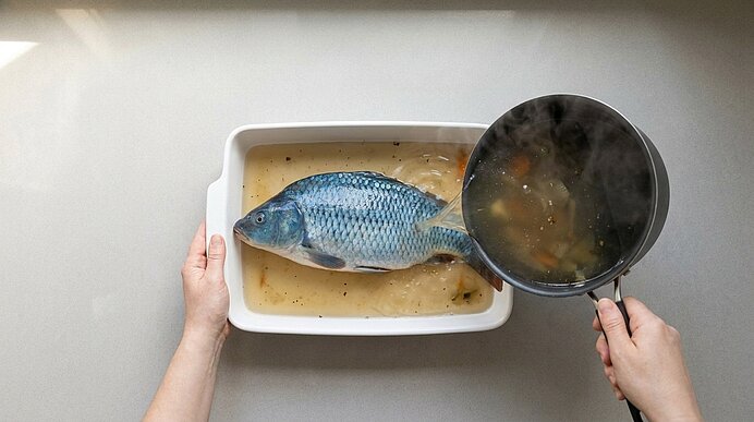 Zwei Hände halten eine weiße Auflaufform mit einem ganzen rohen Fisch; aus einem Topf wird dampfende Brühe oder Sauce über den Fisch gegossen.